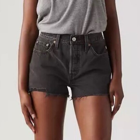 NWT Levi’s Denim 501 Button Fly High Rise Distressed Cutoff Jean Shorts Black 32 - Picture 1 of 10